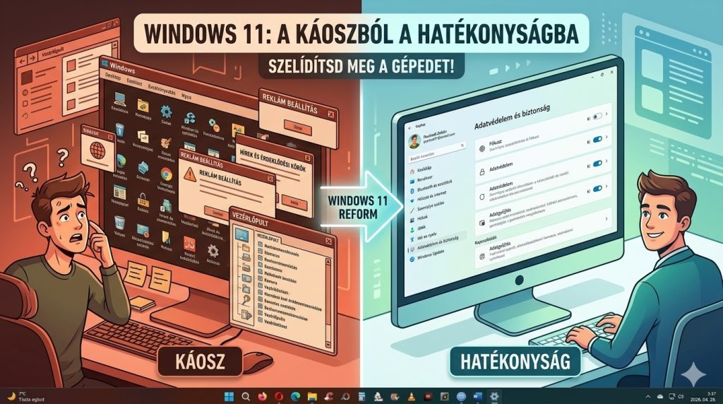 Windows 11 beállítások optimalizálása a káosz megszüntetésére, a privát szféra védelmére és a hatékonyság növelésére szolgáló átalakítás előtte-utána illusztrációja.