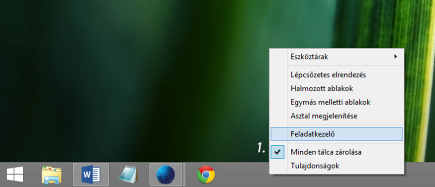 A Windows 10 Feladatkezelő megnyitása (jobb klikk a tálcán, majd Feladatkezelő választása) Itt gyorsan felmérhetjük, mely folyamatok használják leginkább a CPU-t és a memóriát.