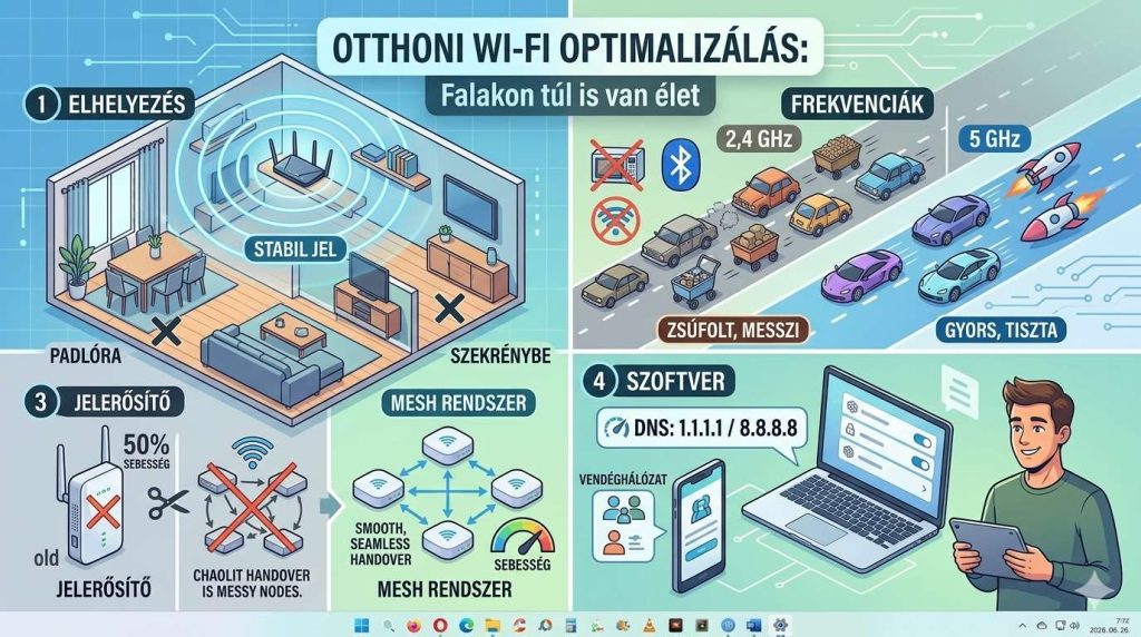 Infografikus illusztráció az otthoni Wi-Fi hálózat optimalizálásáról: router elhelyezése, 2.4GHz vs 5GHz különbségek, Mesh rendszer vs jelerősítő összehasonlítás, és DNS/Vendéghálózat beállítások.